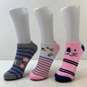 Womens Ankle Socks Set 3 Cat Mouse Print Stripes Pink Gray White Blue